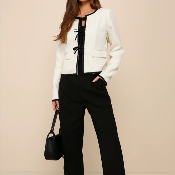 Lulus Coquette Chic Ivory And Black Tweed Tie-front Blazer White - Size L - Picture 4 of 10